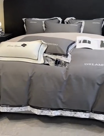 91家纺网 家纺一手货源 找家纺 笙意家纺 2025新款全棉刺绣拼边四件套 高级灰+山灰