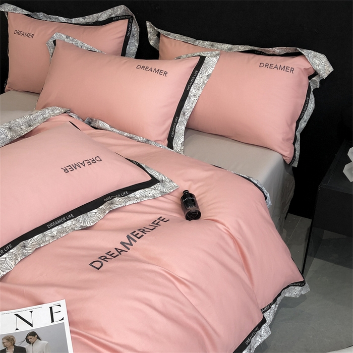 91家纺网 家纺一手货源 找家纺 笙意家纺 2025新款全棉刺绣拼边四件套 浅豆沙+山灰