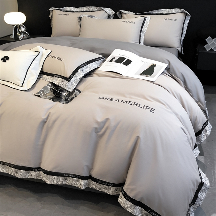 91家纺网 家纺一手货源 找家纺 笙意家纺 2025新款全棉刺绣拼边四件套 山灰+中灰