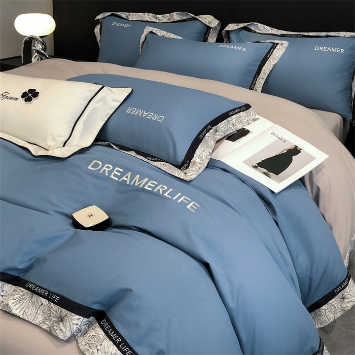 91家纺网 家纺一手货源 找家纺 笙意家纺 2025新款全棉刺绣拼边四件套 宾利蓝+山灰