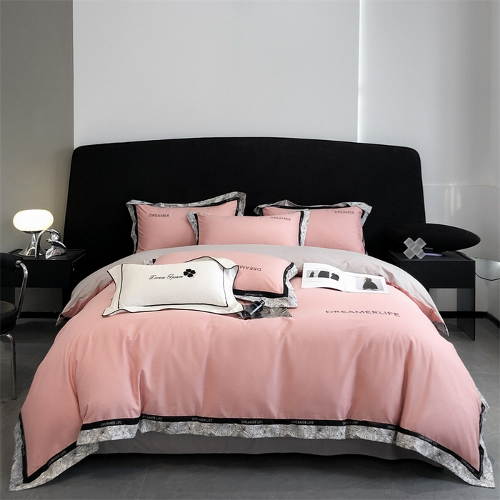 91家纺网 家纺一手货源 找家纺 笙意家纺 2025新款全棉刺绣拼边四件套 浅豆沙+山灰