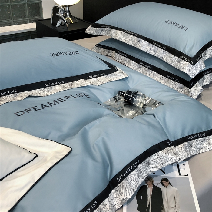 91家纺网 家纺一手货源 找家纺 笙意家纺 2025新款全棉刺绣拼边四件套 海清+山灰