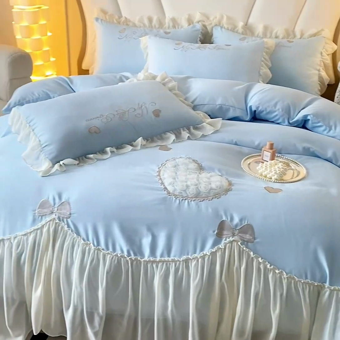 91家纺网 家纺一手货源 找家纺 富盛家纺 2024新款水洗亲肤棉立体刺绣四件套公主风四件套-爱心 爱心—蓝