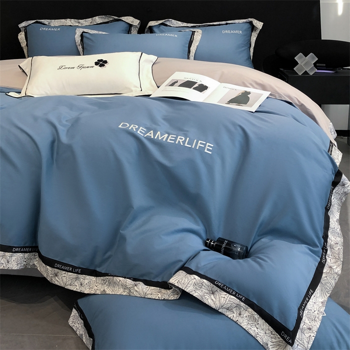 91家纺网 家纺一手货源 找家纺 笙意家纺 2025新款全棉刺绣拼边四件套 宾利蓝+山灰