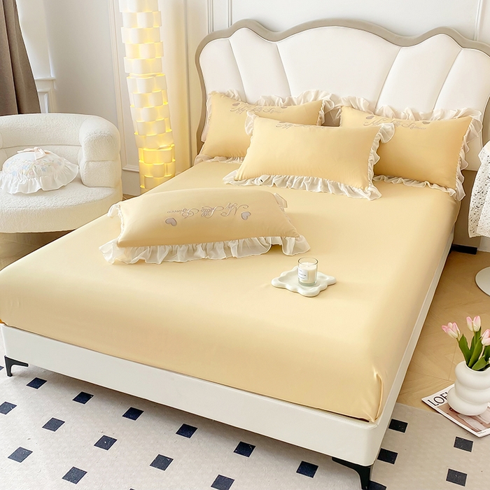 91家纺网 家纺一手货源 找家纺 富盛家纺 2024新款水洗亲肤棉立体刺绣四件套公主风四件套-爱心 爱心—黄