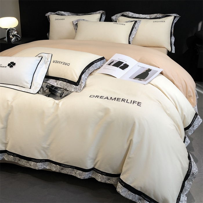 91家纺网 家纺一手货源 找家纺 笙意家纺 2025新款全棉刺绣拼边四件套 奶昔白+奶茶