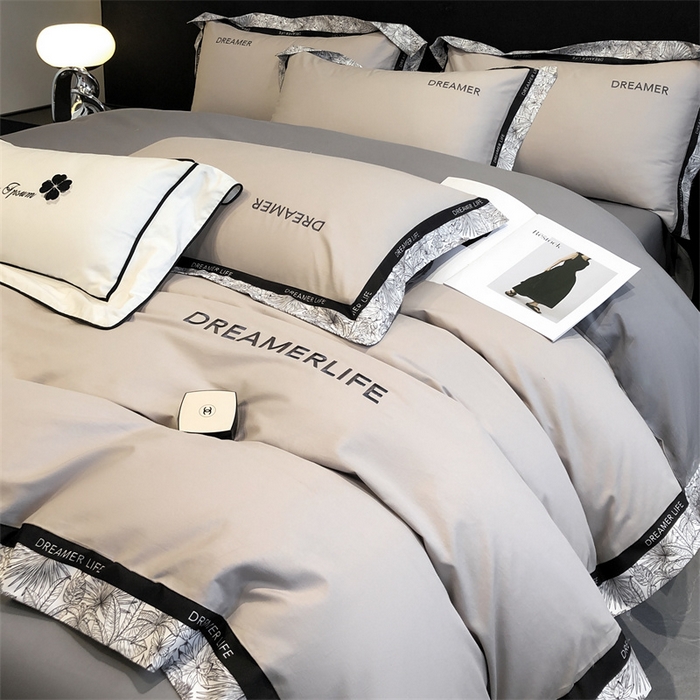 91家纺网 家纺一手货源 找家纺 笙意家纺 2025新款全棉刺绣拼边四件套 山灰+中灰