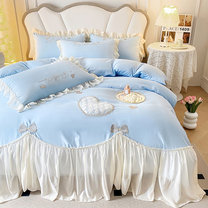 91家纺网 家纺一手货源 找家纺 富盛家纺 2024新款水洗亲肤棉立体刺绣四件套公主风四件套-爱心 爱心—蓝