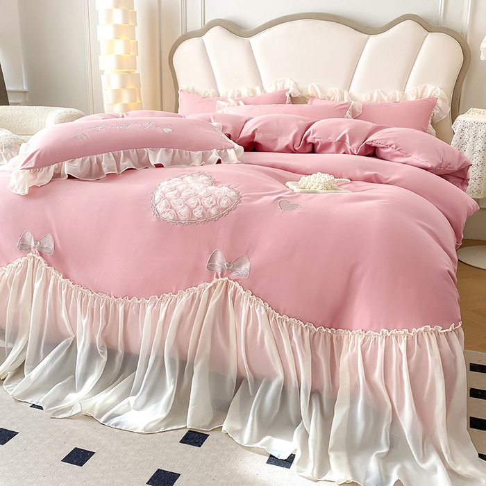 91家纺网 家纺一手货源 找家纺 富盛家纺 2024新款水洗亲肤棉立体刺绣四件套公主风四件套-爱心 爱心—豆沙