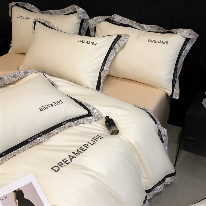 91家纺网 家纺一手货源 找家纺 笙意家纺 2025新款全棉刺绣拼边四件套 奶昔白+奶茶