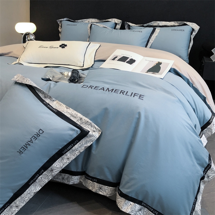 91家纺网 家纺一手货源 找家纺 笙意家纺 2025新款全棉刺绣拼边四件套 海清+山灰