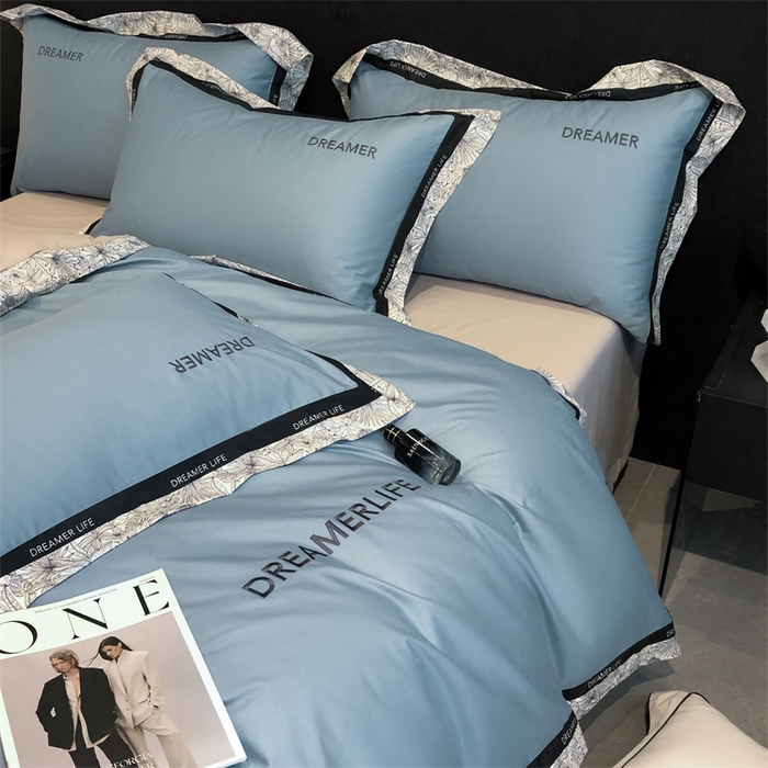 91家纺网 家纺一手货源 找家纺 笙意家纺 2025新款全棉刺绣拼边四件套 海清+山灰