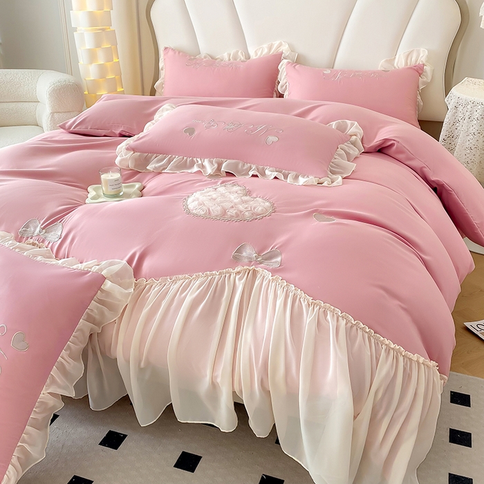 91家纺网 家纺一手货源 找家纺 富盛家纺 2024新款水洗亲肤棉立体刺绣四件套公主风四件套-爱心 爱心—豆沙