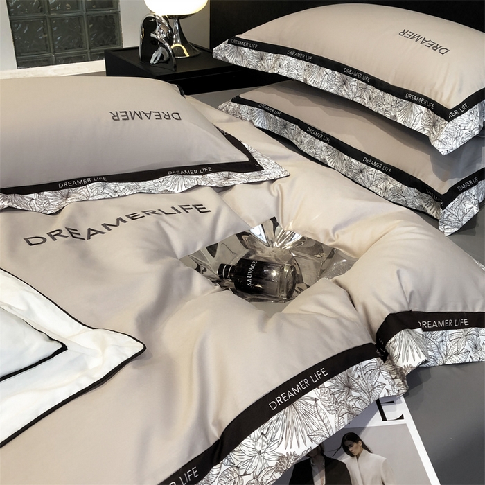 91家纺网 家纺一手货源 找家纺 笙意家纺 2025新款全棉刺绣拼边四件套 山灰+中灰