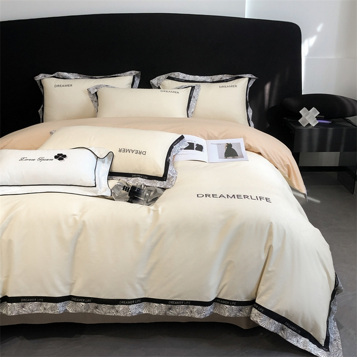 91家纺网 家纺一手货源 找家纺 笙意家纺 2025新款全棉刺绣拼边四件套 奶昔白+奶茶