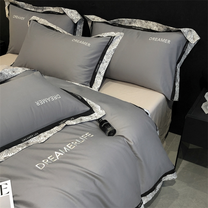 91家纺网 家纺一手货源 找家纺 笙意家纺 2025新款全棉刺绣拼边四件套 中灰+山灰