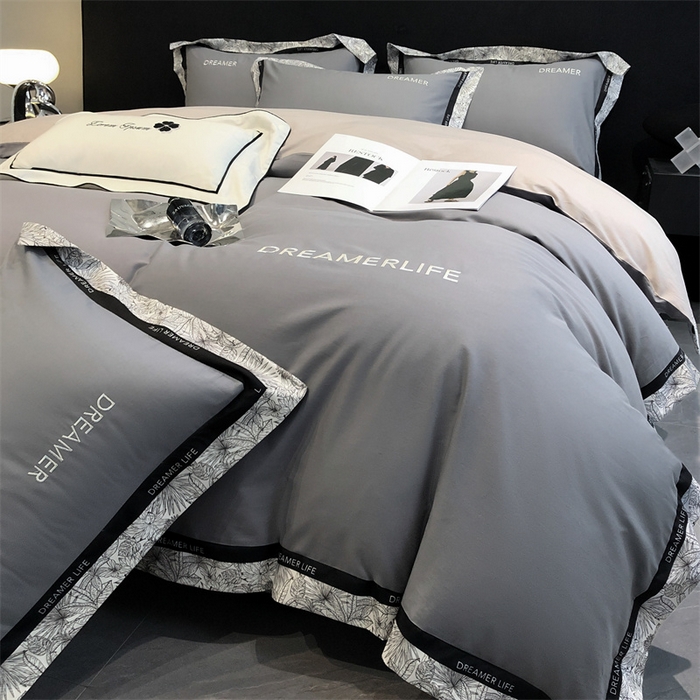 91家纺网 家纺一手货源 找家纺 笙意家纺 2025新款全棉刺绣拼边四件套 中灰+山灰