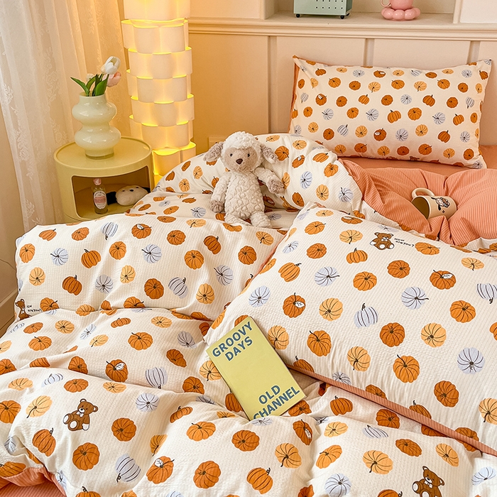 91家纺网 家纺一手货源 找家纺 梦之岛 2024新款A类母婴级泡泡棉皱皱纱碎花四件套 小南瓜