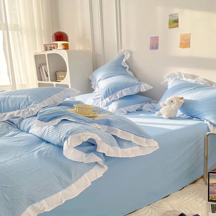 91家纺网 家纺一手货源 找家纺 啊雅家居 2025新款轻奢韩式花边款华夫格四件套 花边款  梦幻兰