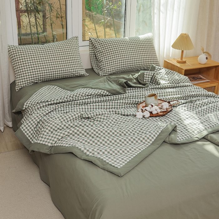 91家纺网 家纺一手货源 找家纺 柠萌 新款全棉色织水洗棉棉花夏被四件套里外全棉夏凉被 绿小格