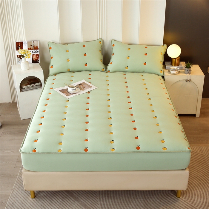 91家纺网 家纺一手货源 找家纺 贝拉梦家纺 2024直播新款A类刺绣水洗棉床褥式大豆夹棉床笠 橙子-气泡绿