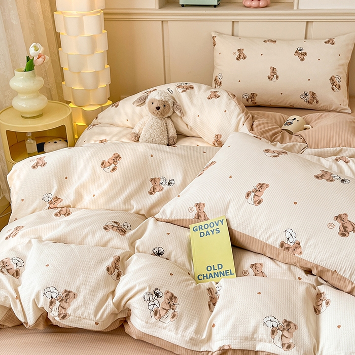 91家纺网 家纺一手货源 找家纺 梦之岛 2024新款A类母婴级泡泡棉皱皱纱碎花四件套 啵啵熊