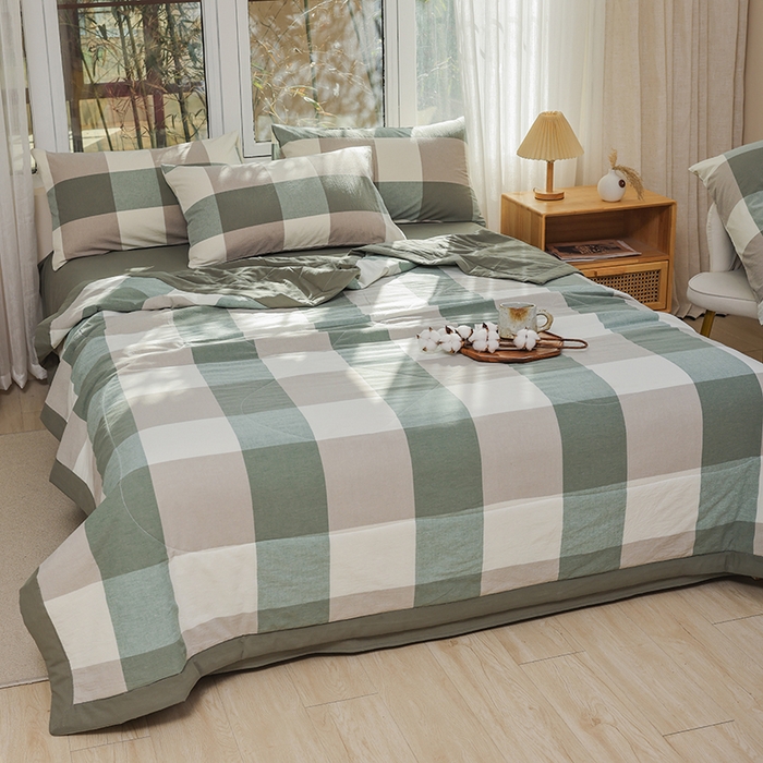 91家纺网 家纺一手货源 找家纺 柠萌 新款全棉色织水洗棉棉花夏被四件套里外全棉夏凉被 绿大格