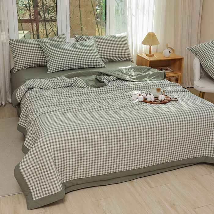 91家纺网 家纺一手货源 找家纺 柠萌 新款全棉色织水洗棉棉花夏被四件套里外全棉夏凉被 绿小格