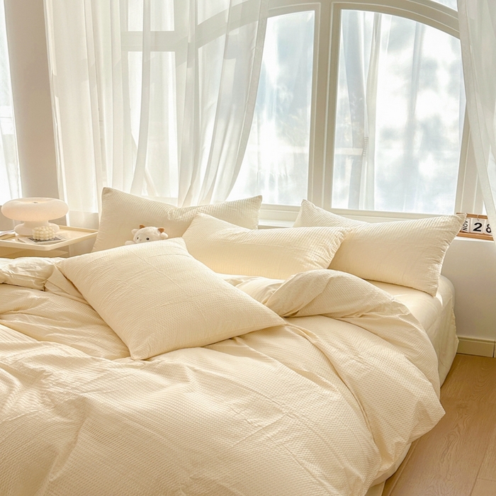 91家纺网 家纺一手货源 找家纺 啊雅家居 2025新款轻奢韩式无边款华夫格四件套 无边款-梦幻黄