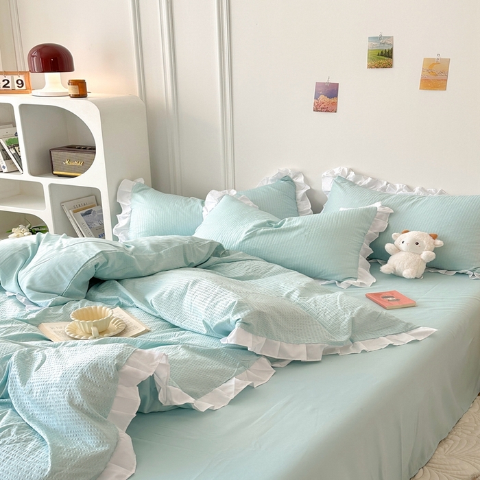 91家纺网 家纺一手货源 找家纺 啊雅家居 2025新款轻奢韩式花边款华夫格四件套 花边款  梦幻绿