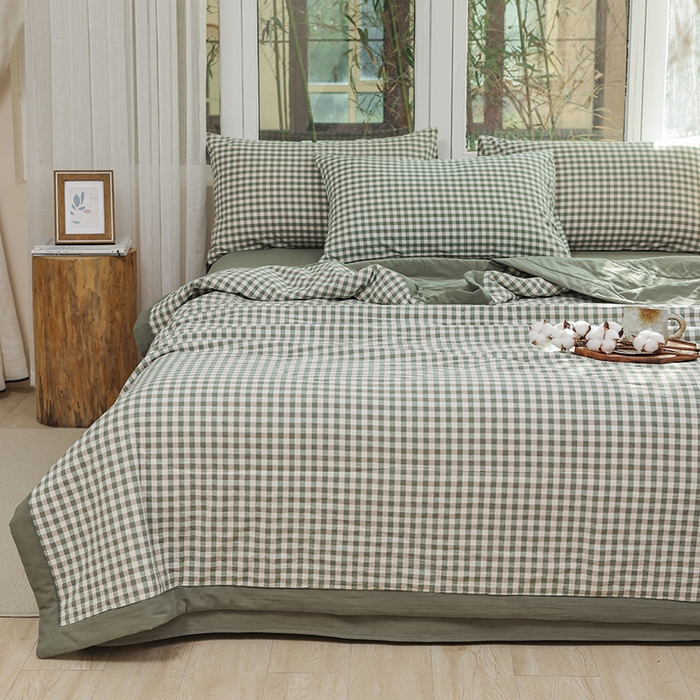 91家纺网 家纺一手货源 找家纺 柠萌 新款全棉色织水洗棉棉花夏被四件套里外全棉夏凉被 绿小格