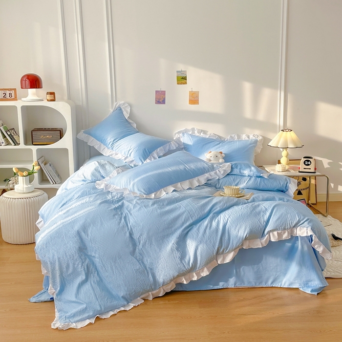 91家纺网 家纺一手货源 找家纺 啊雅家居 2025新款轻奢韩式花边款华夫格四件套 花边款  梦幻兰