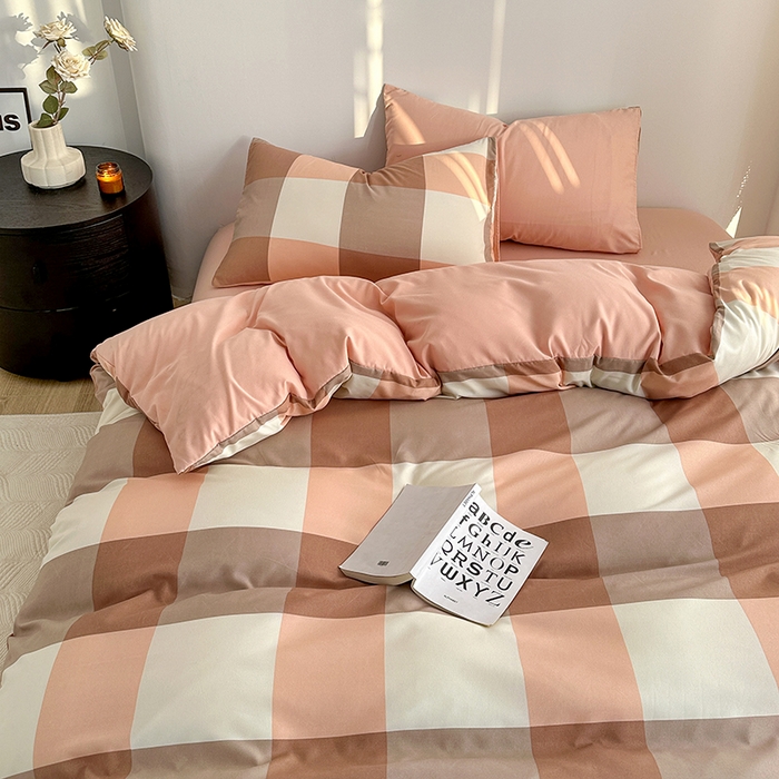 91家纺网 家纺一手货源 找家纺 家贝爱 2024新款简约轻奢水洗棉四件套 粉玉大格