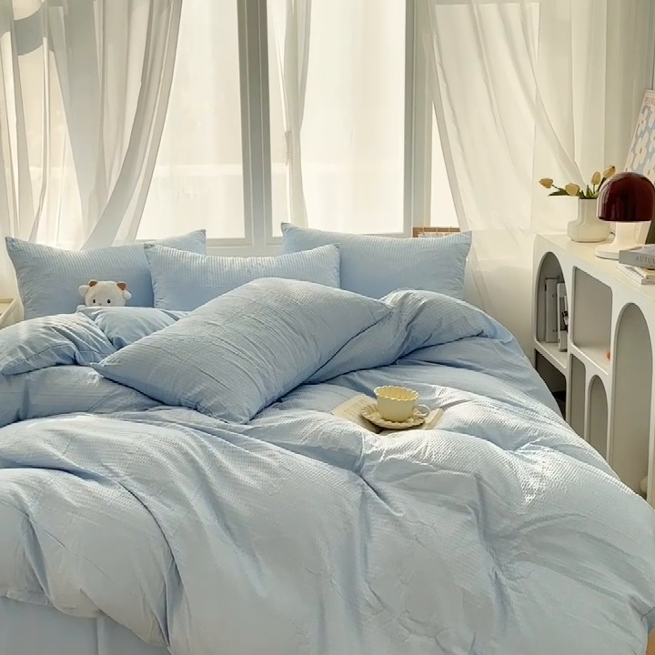 91家纺网 家纺一手货源 找家纺 啊雅家居 2025新款轻奢韩式无边款华夫格四件套 无边款-梦幻兰