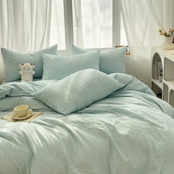 91家纺网 家纺一手货源 找家纺 啊雅家居 2025新款轻奢韩式无边款华夫格四件套 无边款-梦幻绿