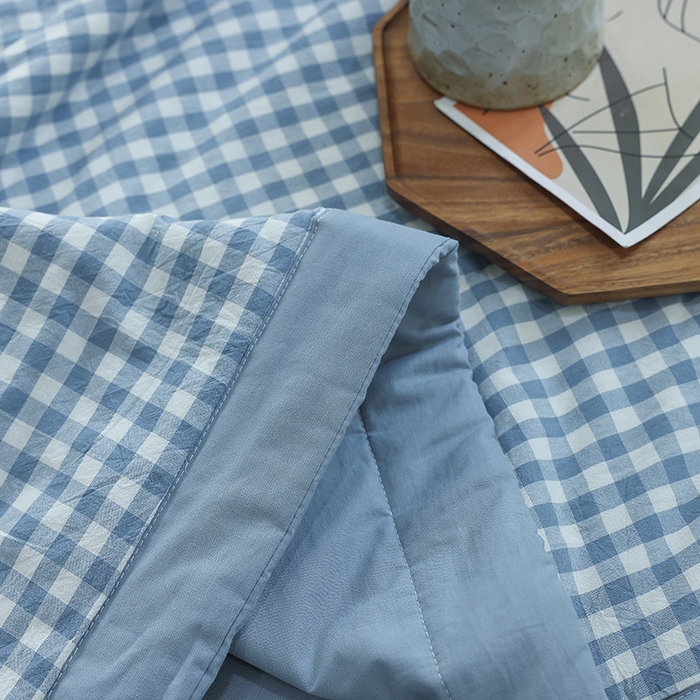 91家纺网 家纺一手货源 找家纺 柠萌 新款全棉色织水洗棉棉花夏被四件套里外全棉夏凉被 浅蓝小格