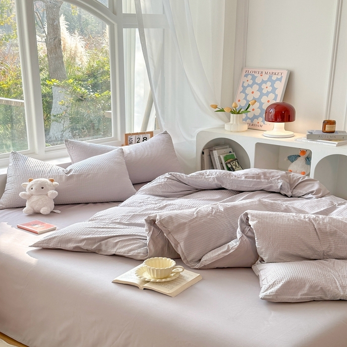 91家纺网 家纺一手货源 找家纺 啊雅家居 2025新款轻奢韩式无边款华夫格四件套 无边款-梦幻灰