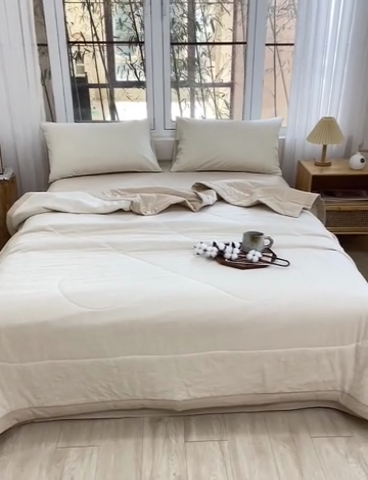 91家纺网 家纺一手货源 找家纺 柠萌 新款全棉色织水洗棉棉花夏被四件套里外全棉夏凉被 米密条