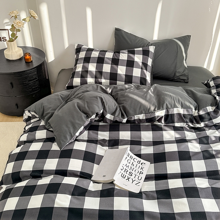 91家纺网 家纺一手货源 找家纺 家贝爱 2024新款简约轻奢水洗棉四件套 黑白中格