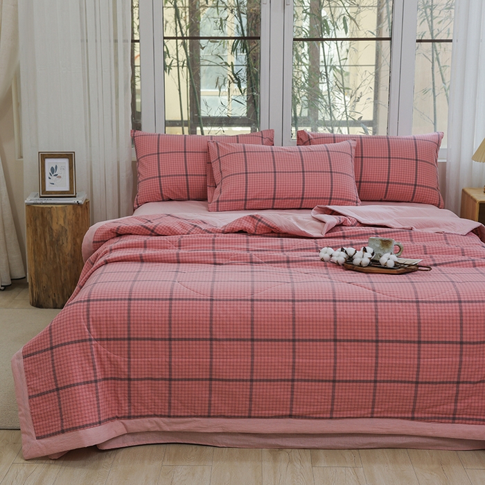 91家纺网 家纺一手货源 找家纺 柠萌 新款全棉色织水洗棉棉花夏被四件套里外全棉夏凉被 瓦尔粉