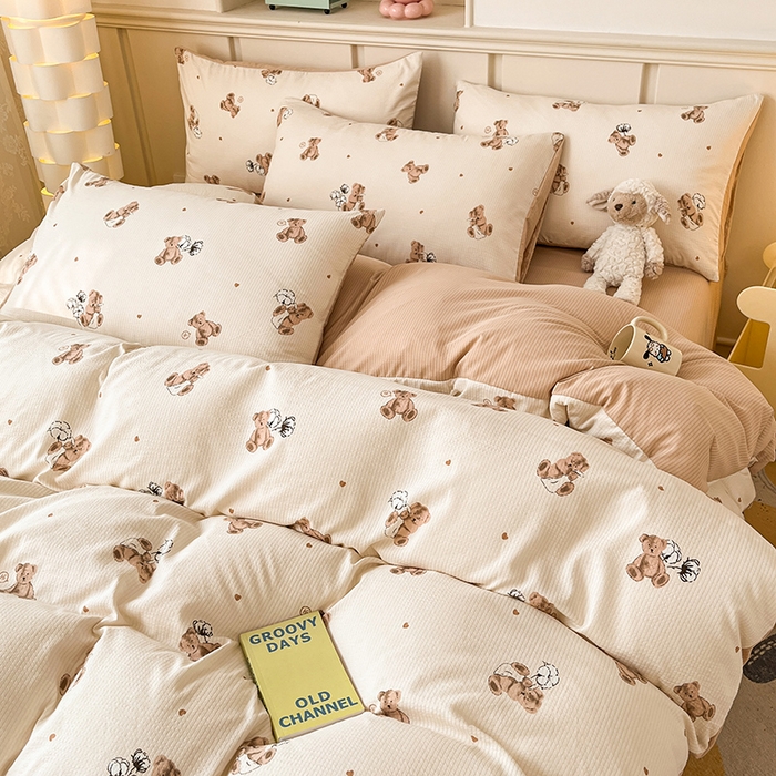 91家纺网 家纺一手货源 找家纺 梦之岛 2024新款A类母婴级泡泡棉皱皱纱碎花四件套 啵啵熊