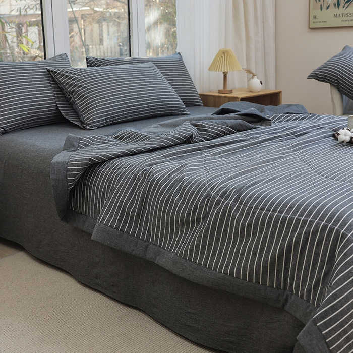 91家纺网 家纺一手货源 找家纺 柠萌 新款全棉色织水洗棉棉花夏被四件套里外全棉夏凉被 中条纹深灰