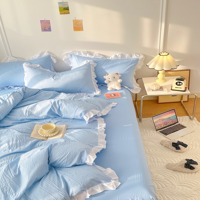 91家纺网 家纺一手货源 找家纺 啊雅家居 2025新款轻奢韩式花边款华夫格四件套 花边款  梦幻兰