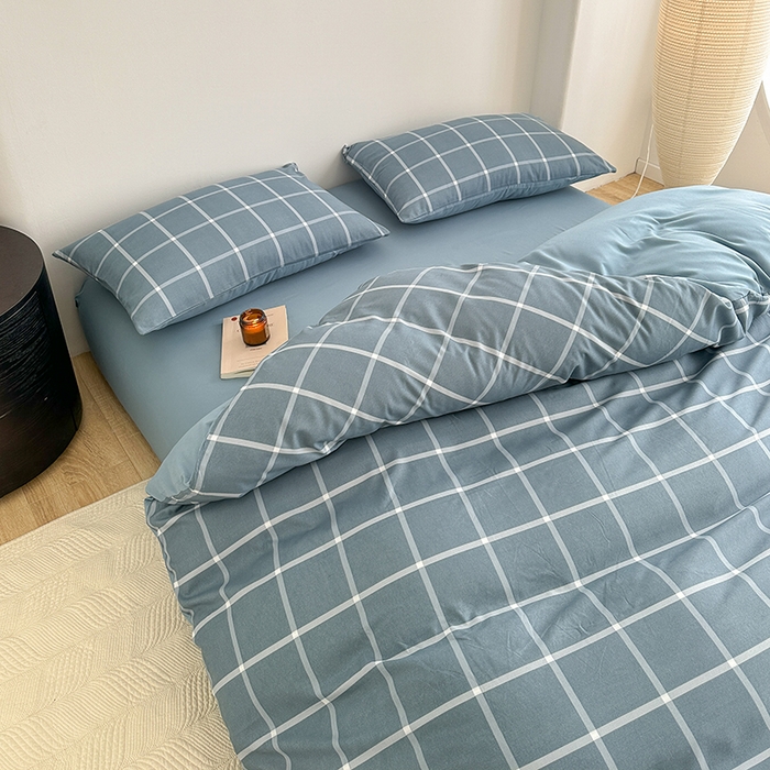 91家纺网 家纺一手货源 找家纺 家贝爱 2024新款简约轻奢水洗棉四件套 繁星蓝中格