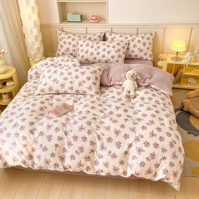 91家纺网 家纺一手货源 找家纺 梦之岛 2024新款A类母婴级泡泡棉皱皱纱碎花四件套 紫薰