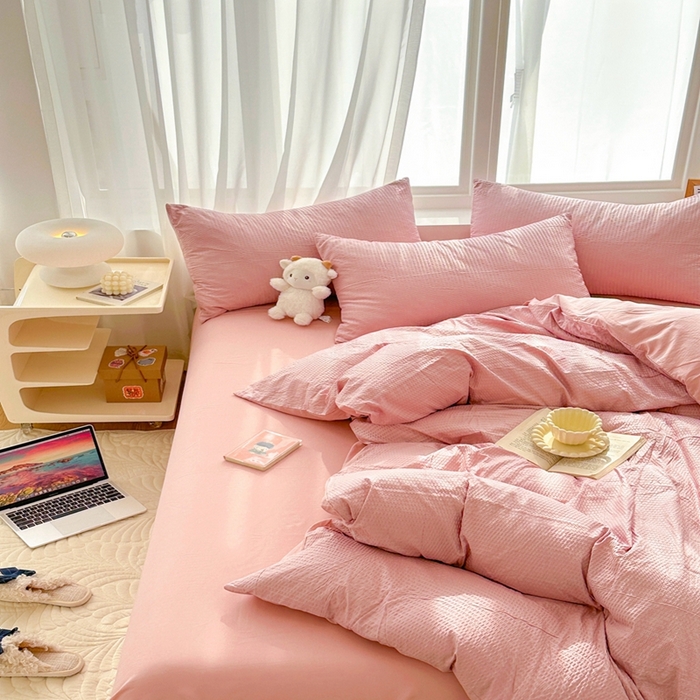 91家纺网 家纺一手货源 找家纺 啊雅家居 2025新款轻奢韩式无边款华夫格四件套 无边款-梦幻粉