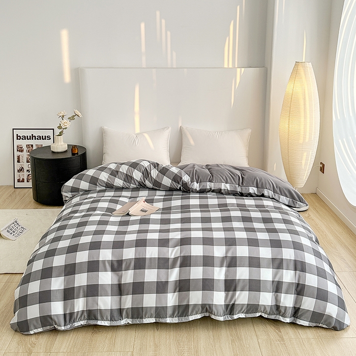 91家纺网 家纺一手货源 找家纺 家贝爱 2024新款简约轻奢水洗棉四件套 灰中格