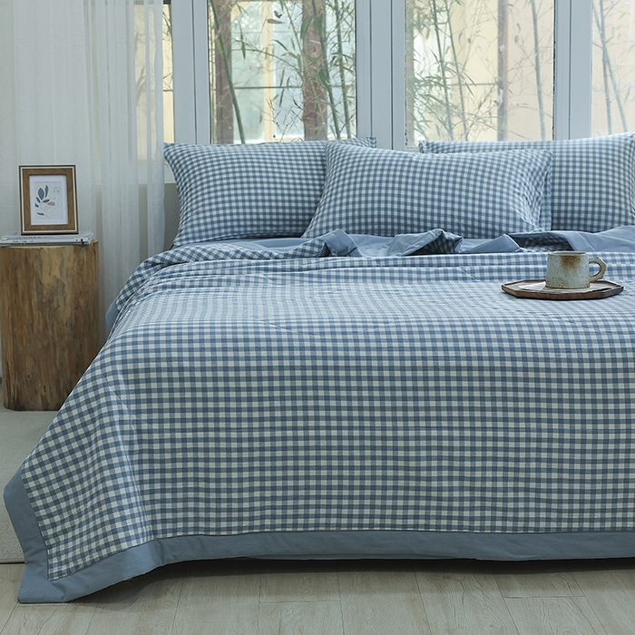 91家纺网 家纺一手货源 找家纺 柠萌 新款全棉色织水洗棉棉花夏被四件套里外全棉夏凉被 浅蓝小格