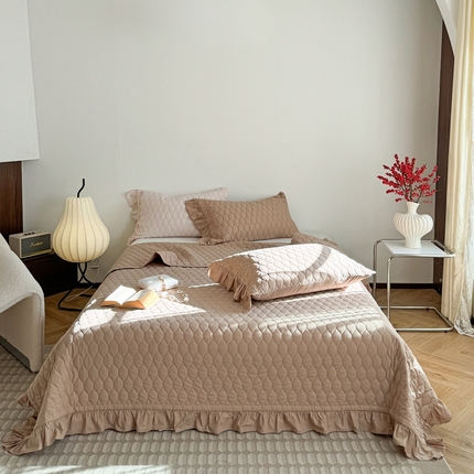 诗黛尔 2024春夏新款水洗棉夹棉床盖三件套系列-浪漫花语 浪漫花园-咖