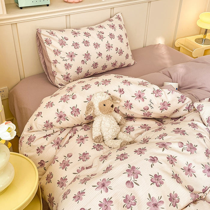 91家纺网 家纺一手货源 找家纺 梦之岛 2024新款A类母婴级泡泡棉皱皱纱碎花四件套 紫薰